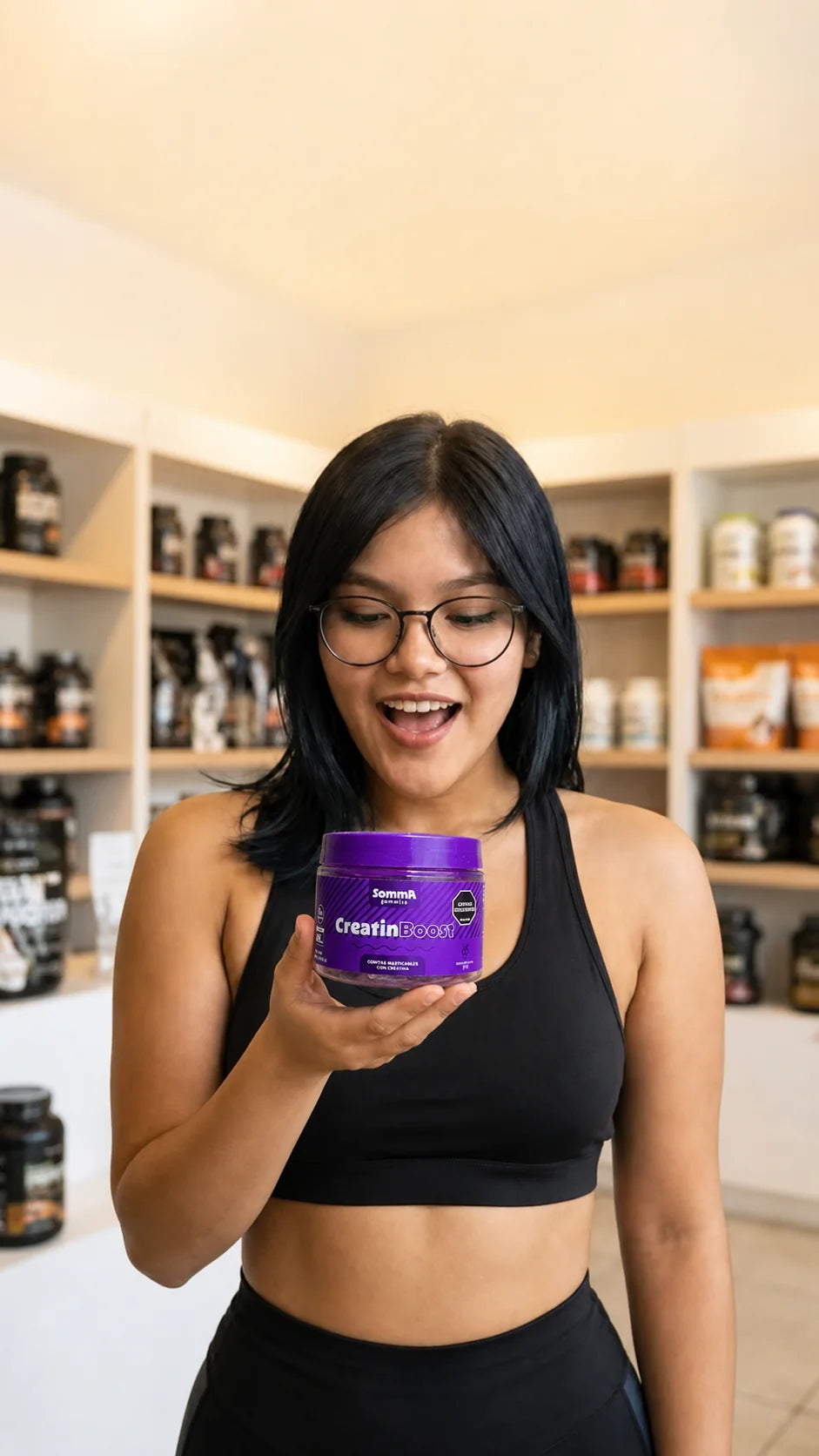Mujer mostrando un frasco de Somma Gummies CreatinBoost